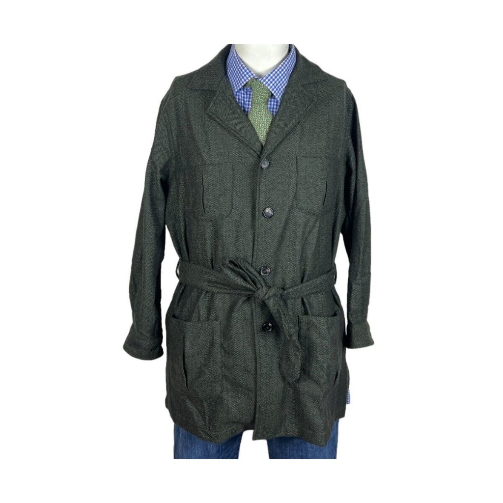 De Petrillo Jacket Cashmere Blend Buttons Green Herringbone Belted Men's 42r Nic
